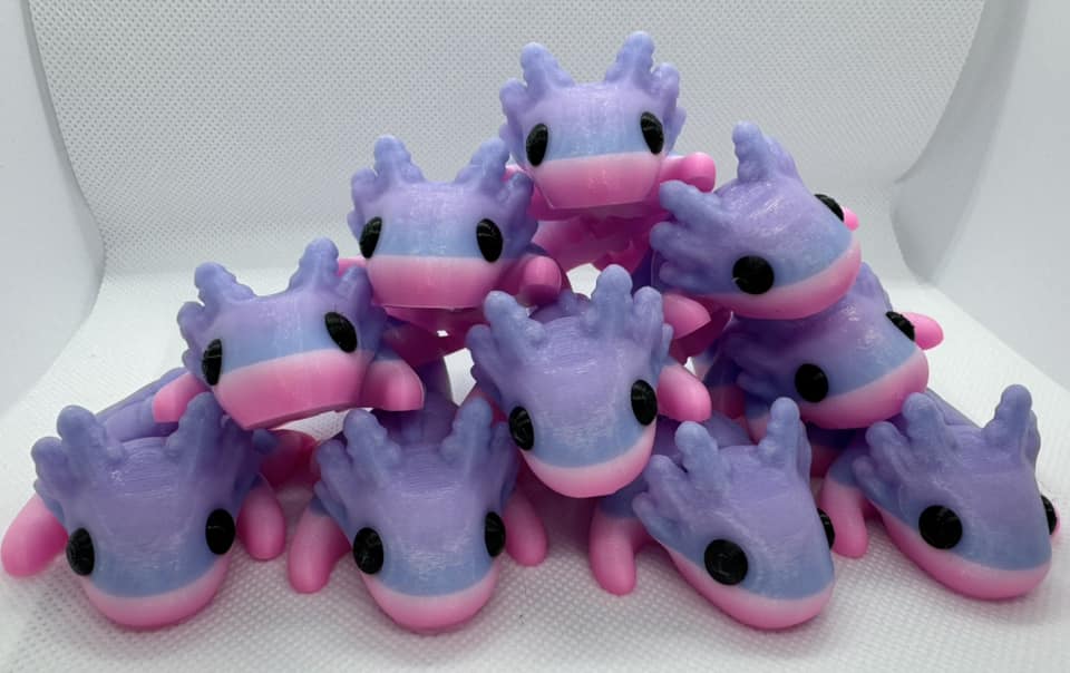 3D printed purple and pink Axolotls